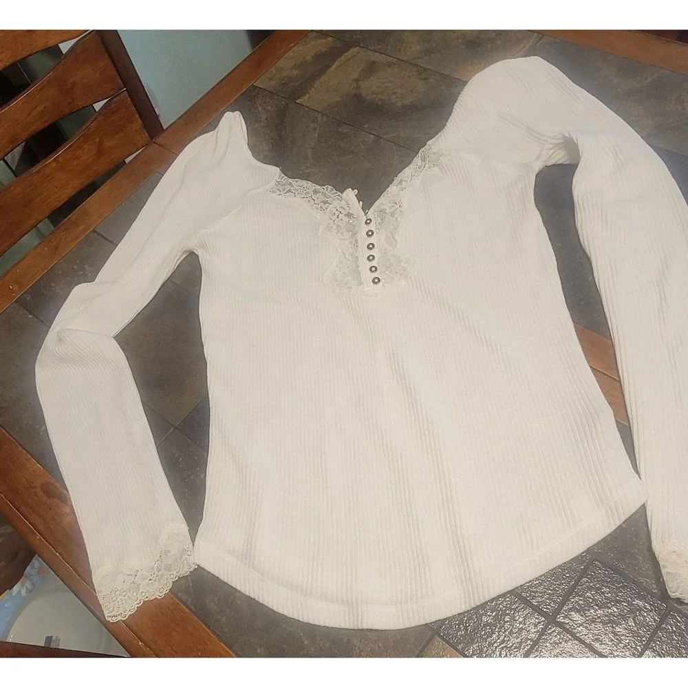 Free People To The West Lace‎ Long Sleeve Ribbed Henley Ivory Bella Babydoll L